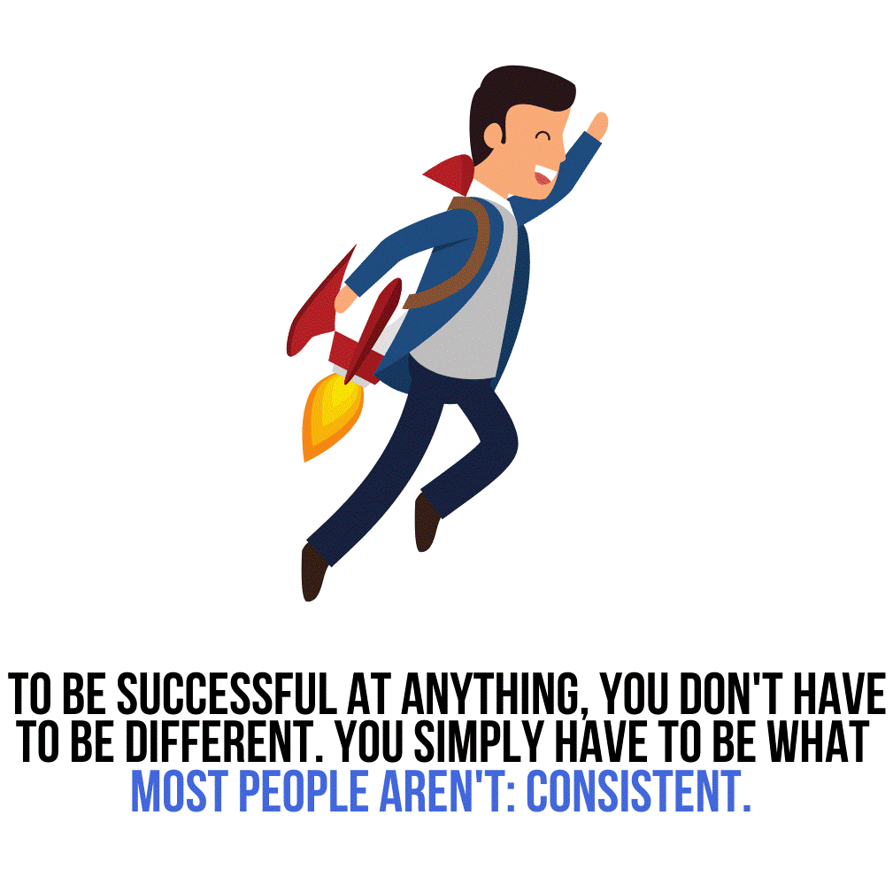 Illustration of a blogger with a rocket backpack symbolizing that consistency is the key to blogging success and building a profitable blog.