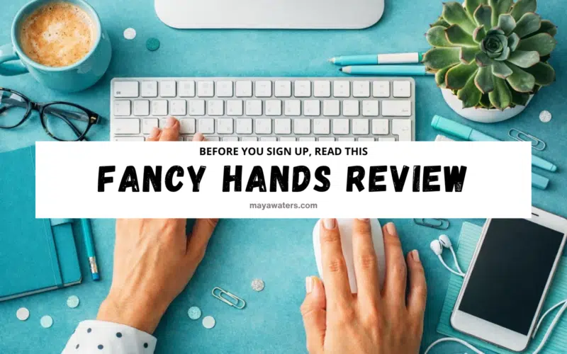 Fancy Hands review image with text “Before you sign up, read this” showing work-from-home desk setup.