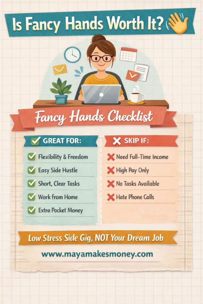 Is Fancy Hands worth it checklist showing pros and cons of the Fancy Hands side hustle for flexible work from home income.