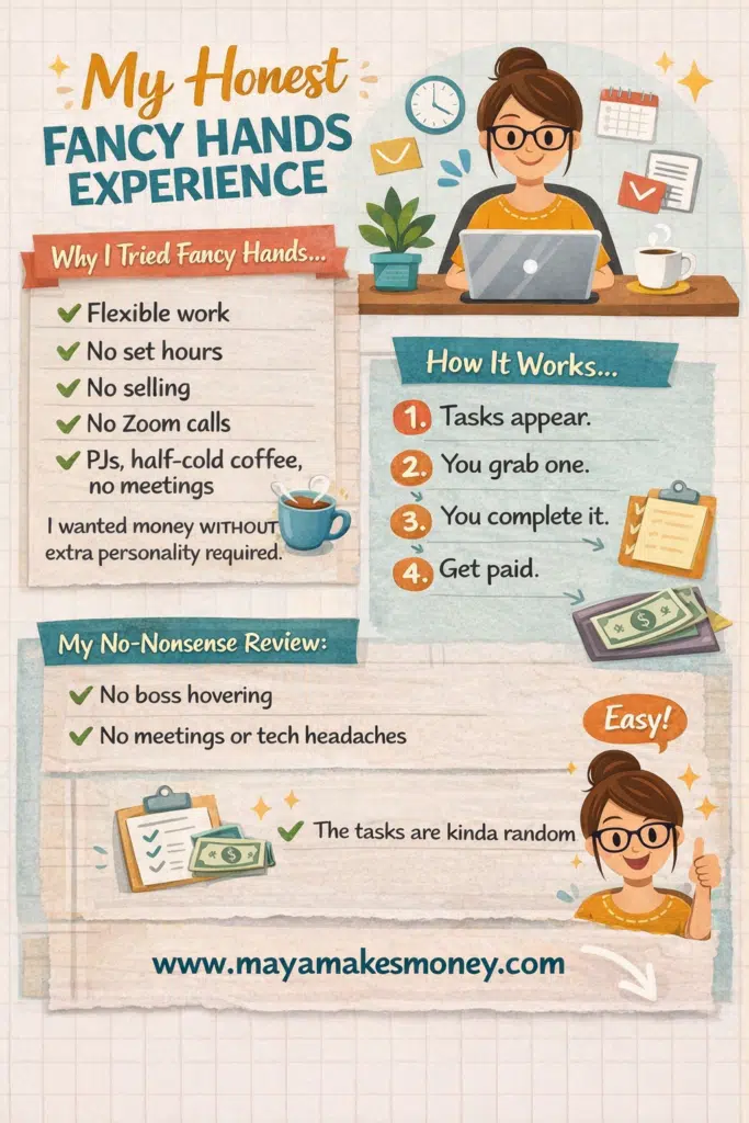 My honest Fancy Hands experience infographic explaining how the side hustle works and personal review of tasks and pay.