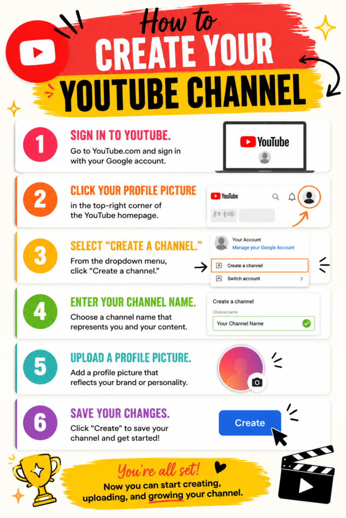 Step-by-step infographic showing how to create a YouTube channel using a Google account, including signing in, creating a channel, adding a profile picture, and publishing.