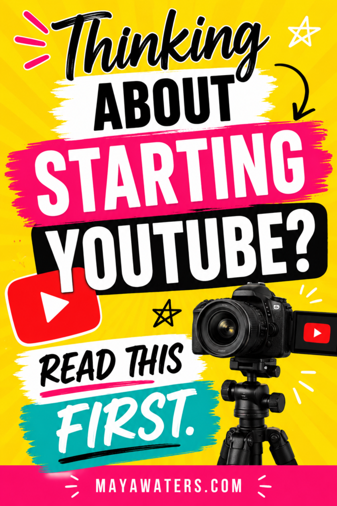 Thinking about starting a YouTube channel? Bright promotional graphic encouraging beginners to read a guide before launching a YouTube channel.