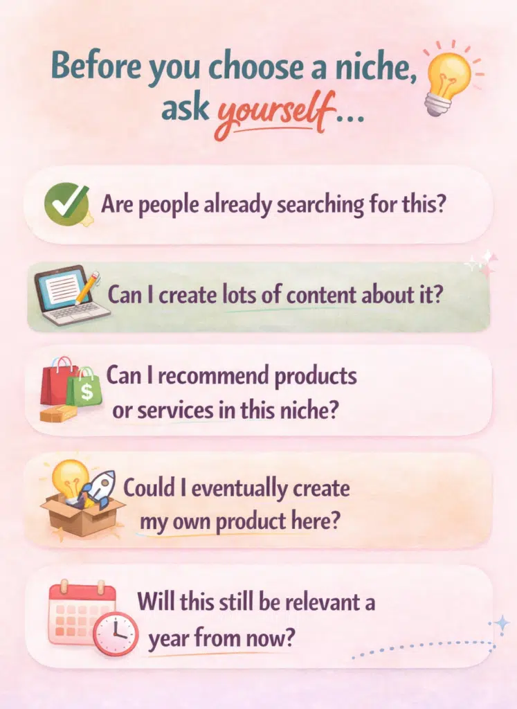 Checklist for choosing a blog niche with questions about demand, content creation, monetization, product potential, and long-term relevance