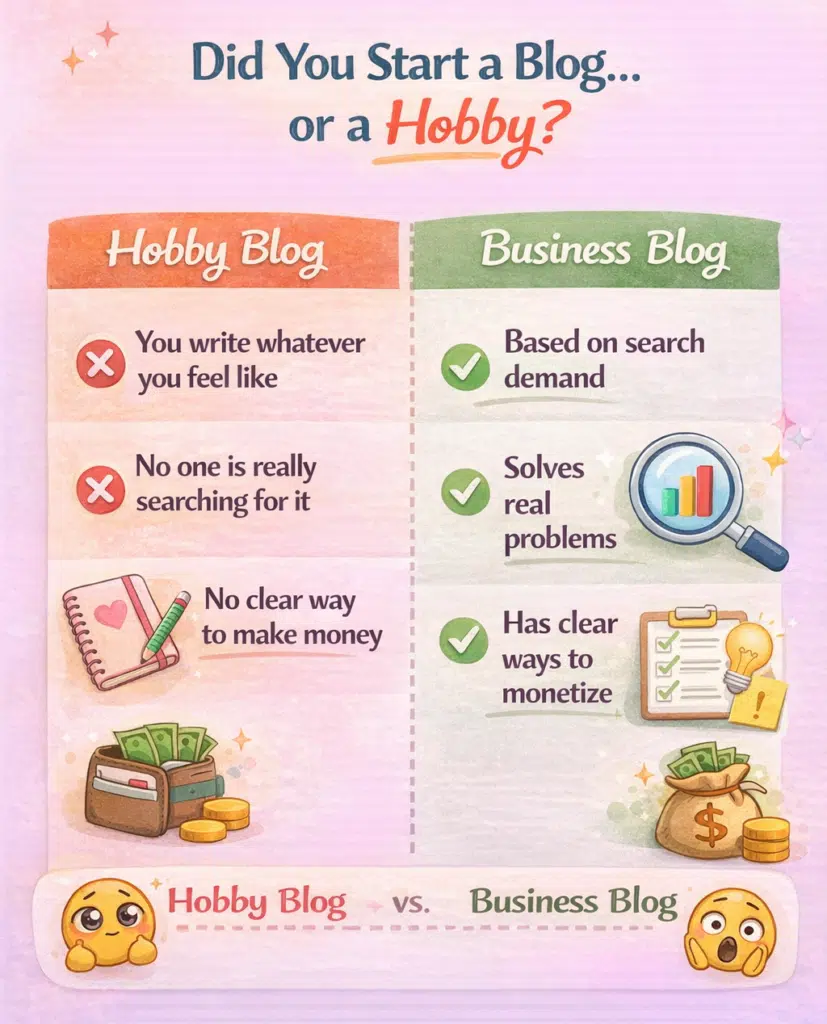 Hobby blog vs business blog comparison showing differences in content strategy, search demand, and monetization