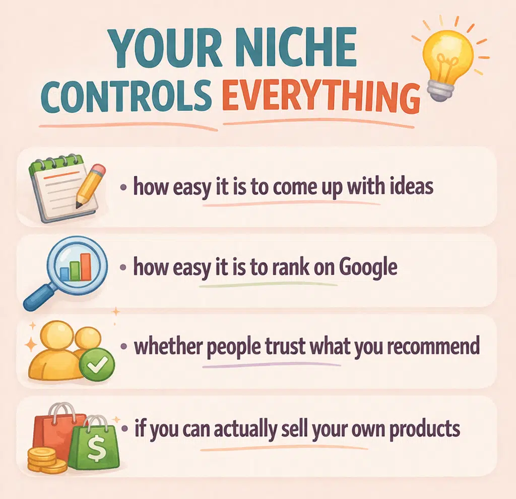 Blog niche selection infographic showing impact on ideas, SEO ranking, trust, and monetization