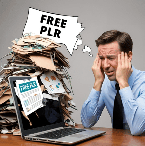 A man working on a laptop, surrounded by free PLR paper, cautioning viewers about the risks of free PLR content.