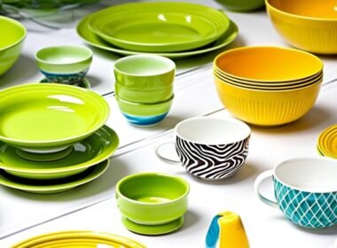 A colorful assortment of dinnerware featuring bright yellow and green plates, bowls, and cups, with some cups having black-and-white zebra and blue geometric patterns, all arranged on a white surface.