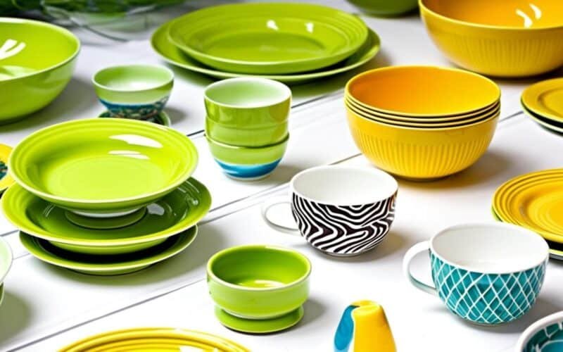 A colorful assortment of dinnerware featuring bright yellow and green plates, bowls, and cups, with some cups having black-and-white zebra and blue geometric patterns, all arranged on a white surface.