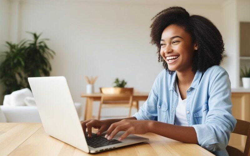 A smiling woman sits at a table with her laptop, engaged in a conversation, radiating warmth and friendliness.