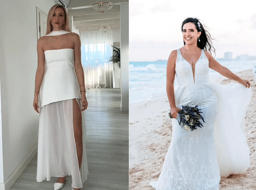 Beautiful beach wedding dresses, highlighting cost-saving hacks for an unforgettable wedding day by the sea.