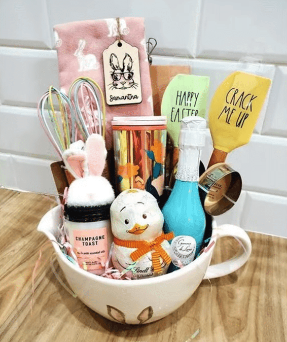 A colorful basket filled with baby shower gifts, showcasing a variety of thoughtful items for new parents.