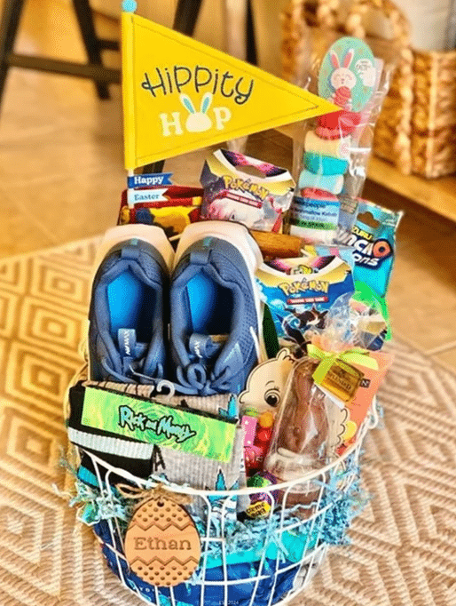 A colorful basket overflowing with toys and treats, perfect for Easter celebrations for boys.