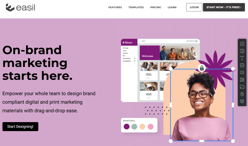 Easil landing page showcasing design templates and user-friendly interface for creating visual content.