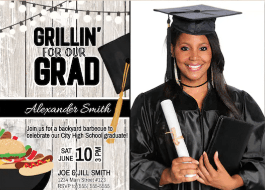 Invitation for a graduation party featuring a grill and BBQ menu ideas.
