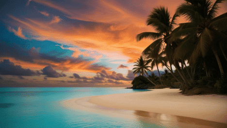 A stunning sunset casts vibrant colors over a serene tropical beach, creating a picturesque travel scene.