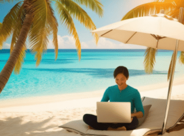 A woman on a beach, working on her laptop, embodying the concept of making money while traveling.