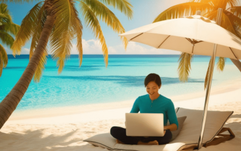 A woman on a beach, working on her laptop, embodying the concept How To Make Money While Travelling.