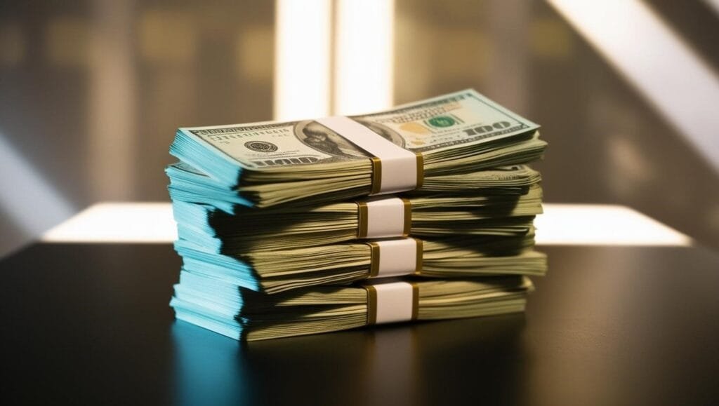 A stack of cash placed on a table, symbolizing financial success for teenagers seeking quick money-making opportunities.