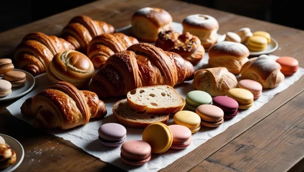 A table displaying an assortment of pastries and colorful macarons, promoting a baked goods sale.