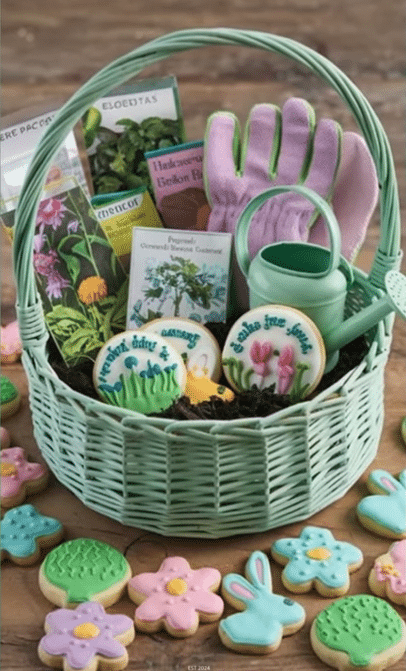 A charming Easter basket containing cookies and gardening tools, symbolizing springtime joy and family traditions.
