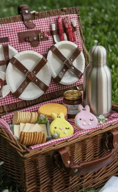 A beautifully arranged picnic basket filled with delicious food and refreshing drinks for an Easter celebration.