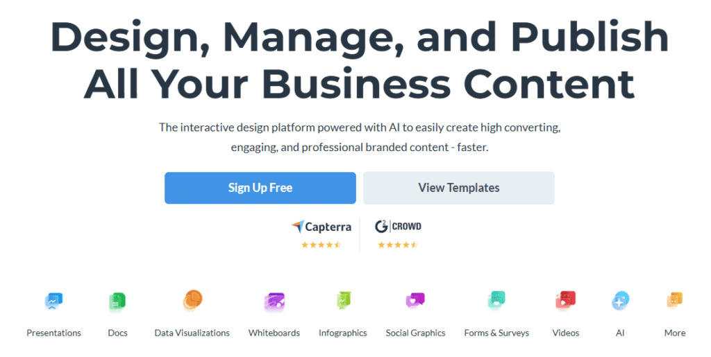 Visme interface showcasing tools for designing, managing, and publishing business content effectively.