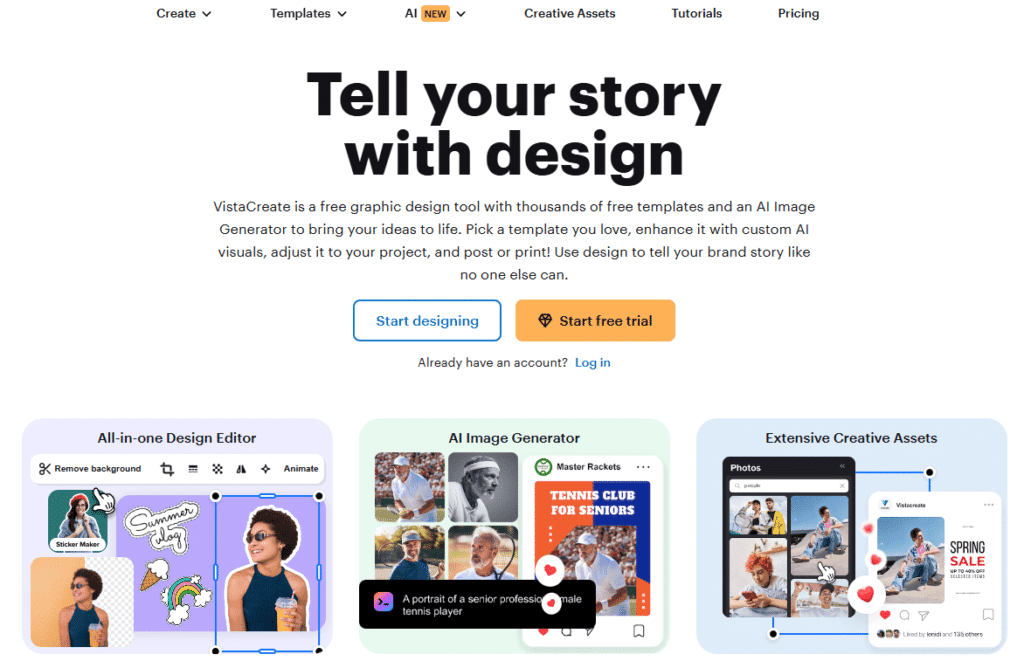 Homepage of VistaCreate, showcasing design tools for storytelling through visuals and creative projects.