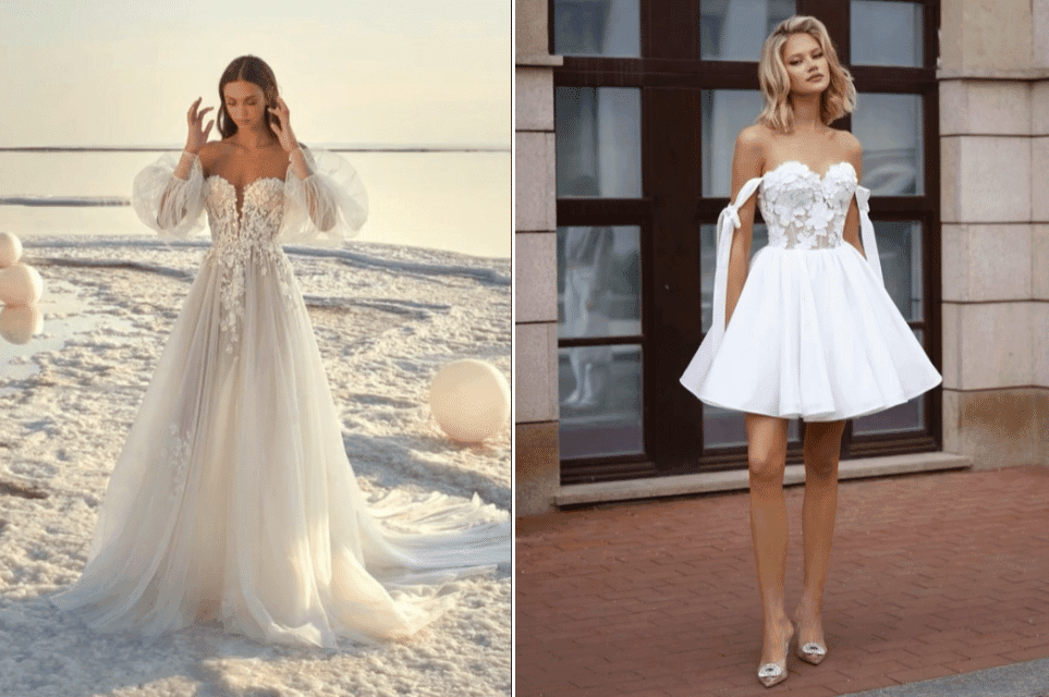 Two elegant wedding dresses in various colors displayed together, showcasing diverse styles for a beach wedding.
