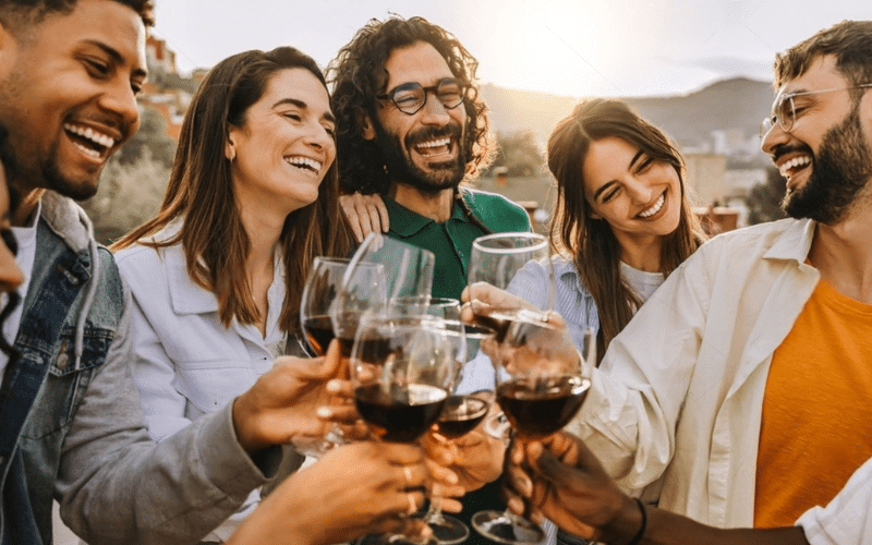 A group of friends joyfully toasting with glasses of wine at a casual backyard party.