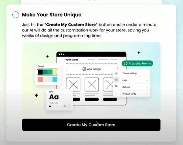 The app interface displays step-by-step instructions for creating an online store.