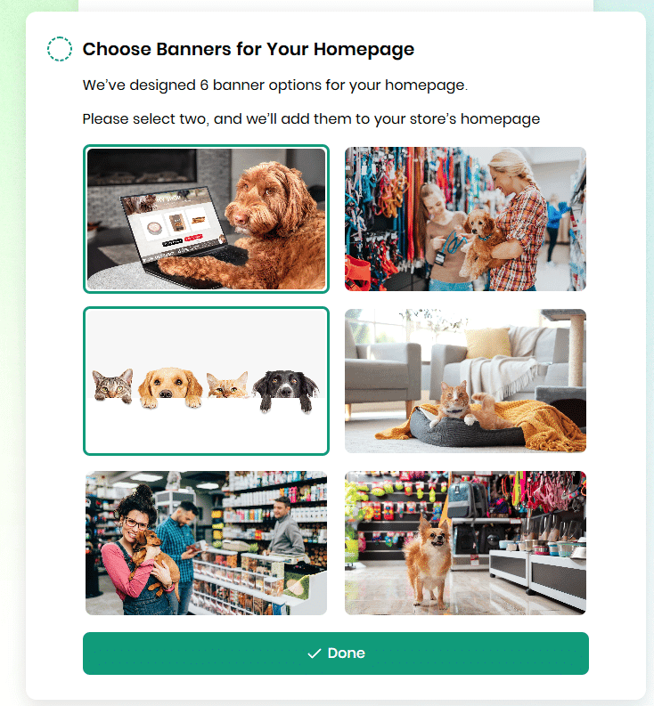 Home page featuring a dog and cat in the background, with a section titled "Customize the Look of Your Store."