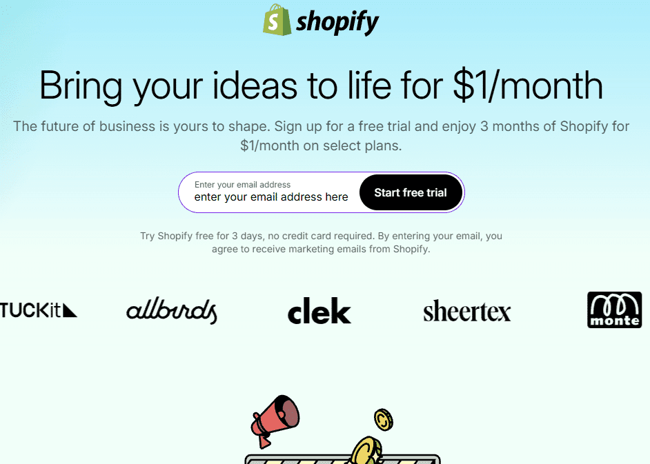 Image of a Shopify sign-up page prompting users to enter their email and click "Start Free Trial."