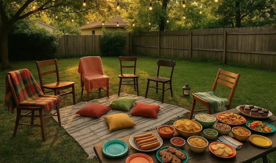 A picnic table in a backyard, surrounded by chairs, set with simple and affordable food and snacks for a casual gathering.