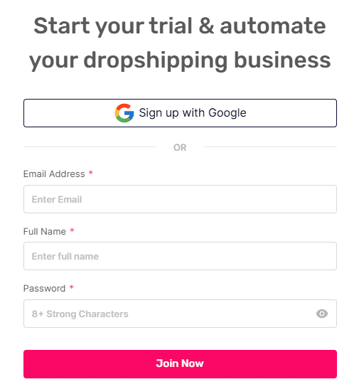 Image promoting a trial for automating a drop shipping business, featuring a call-to-action button and a sleek design.