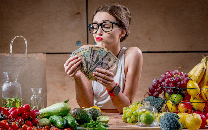 A woman in glasses holds up cash, surrounded by an array of colorful fruits and vegetables on a table.