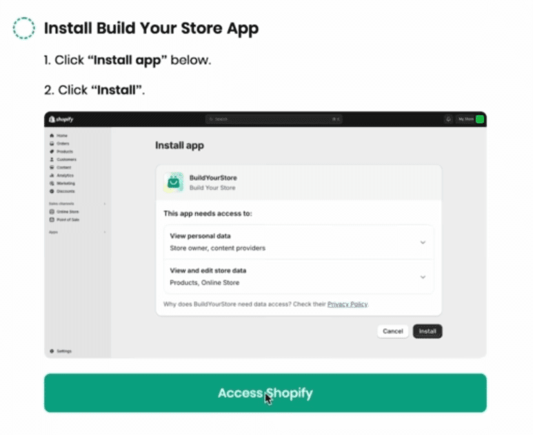 The "Build Your Store" app is prominently displayed, showcasing its features and user-friendly interface.