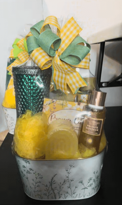 A woven basket adorned with a bright yellow ribbon, showcasing a cheerful and festive appearance.
