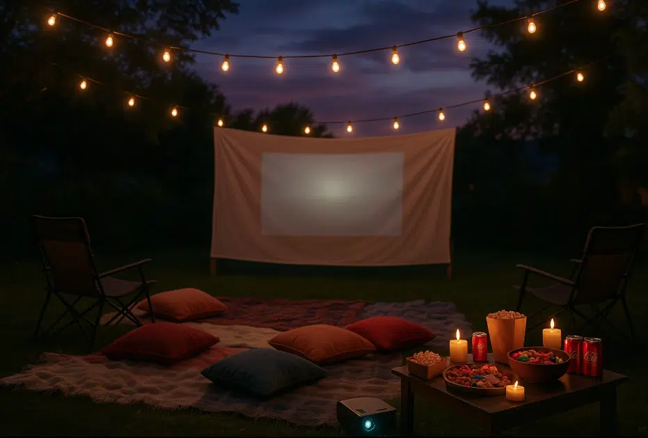 Outdoor movie screen set up with candles and pillows, inviting viewers to enjoy classic games under the stars.