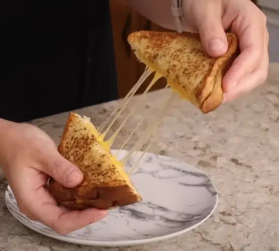 A person holds a golden-brown grilled cheese sandwich, showcasing its melted cheese and crispy exterior.