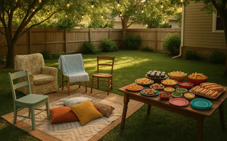 A backyard picnic table with chairs, adorned with food, showcasing a budget-friendly outdoor setup.