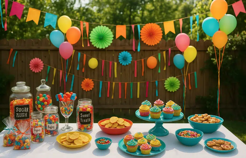 A vibrant birthday party scene featuring colorful balloons, cupcakes, and candy, showcasing creative and budget-friendly decorations.