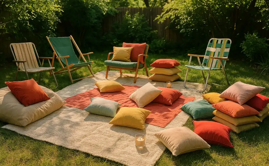 A lawn adorned with a blanket, chairs, pillows, and twinkling string lights for a whimsical outdoor setting.