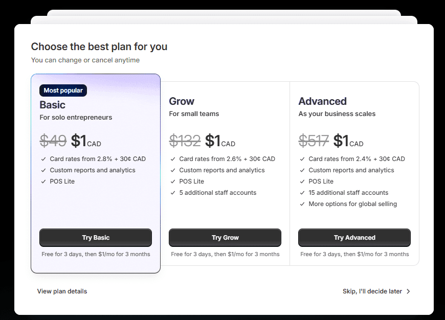 Pricing page of a website displaying various subscription plans and their corresponding costs.