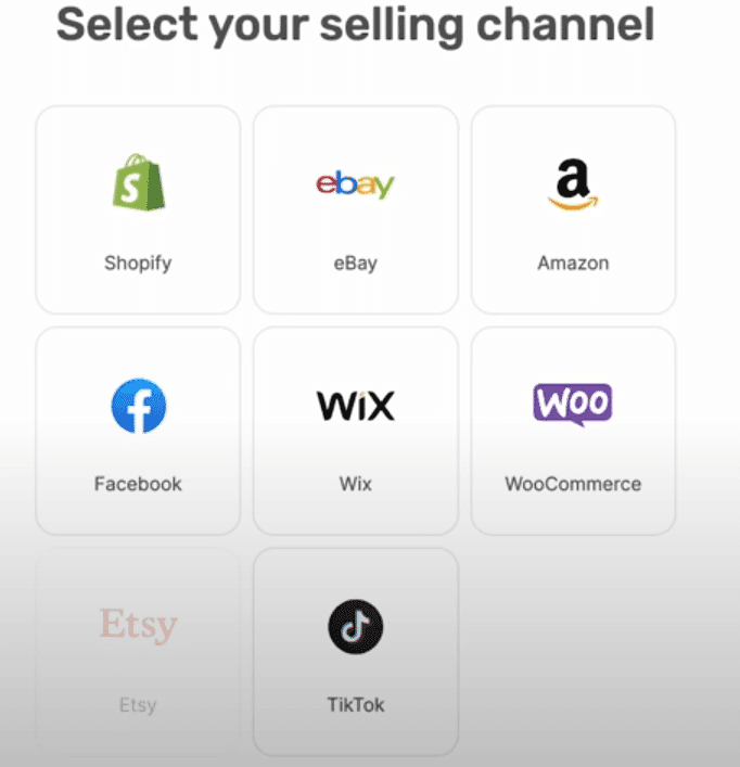 The app displays various selling channels, illustrating options for users to choose from for their sales strategy.
