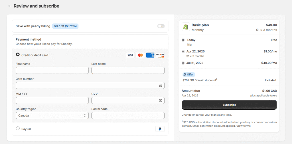 Payment page displaying fields for entering card details and billing information for processing transactions.