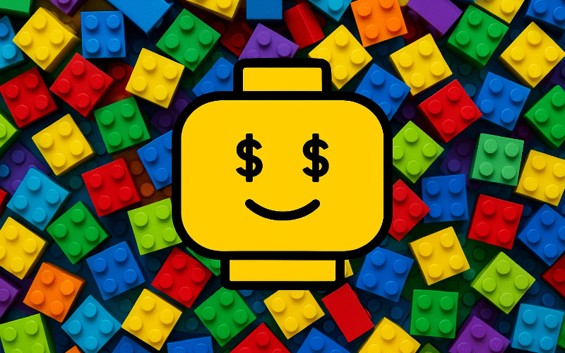 A colorful Lego brick featuring a dollar sign, symbolizing profitable Lego crafts to sell.