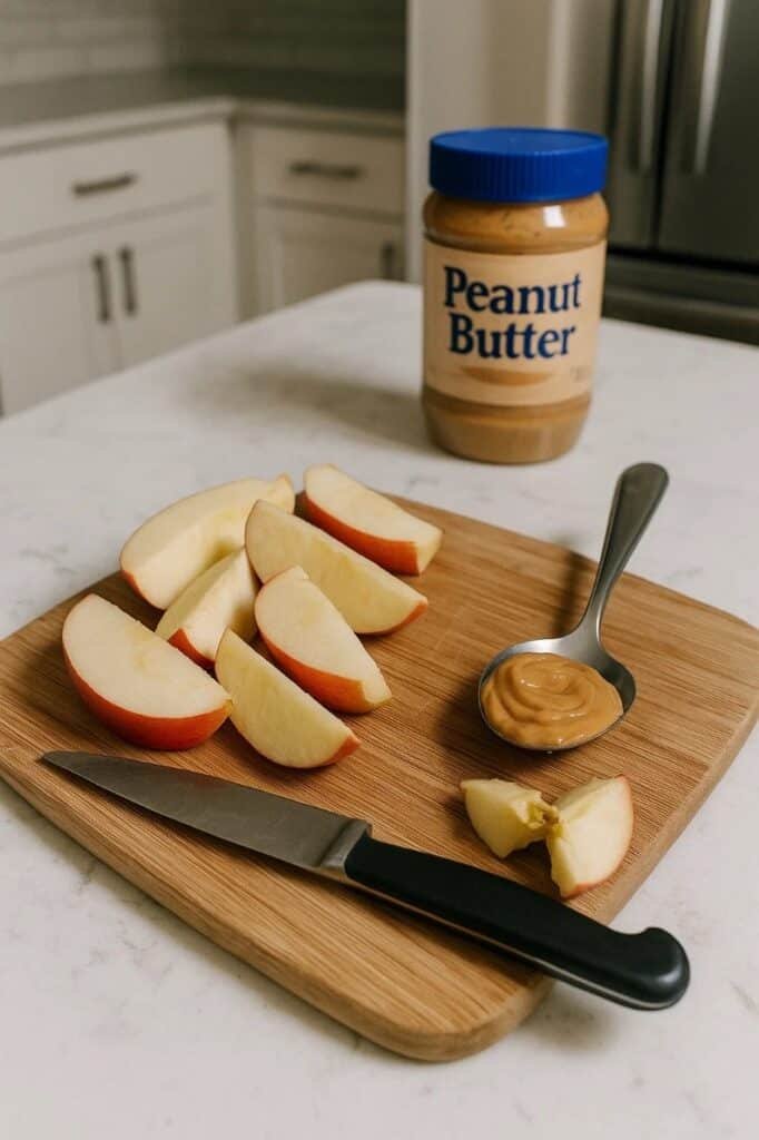 Peanut butter spread on apple slices arranged on a wooden cutting board.