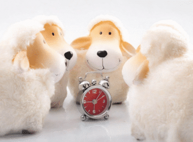 A group of sheep gathered around an alarm clock, symbolizing bedtime sleeping hacks for better rest.