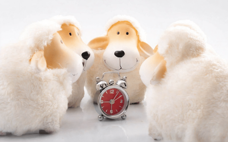 A group of sheep gathered around an alarm clock, symbolizing bedtime sleep hacks for better rest.