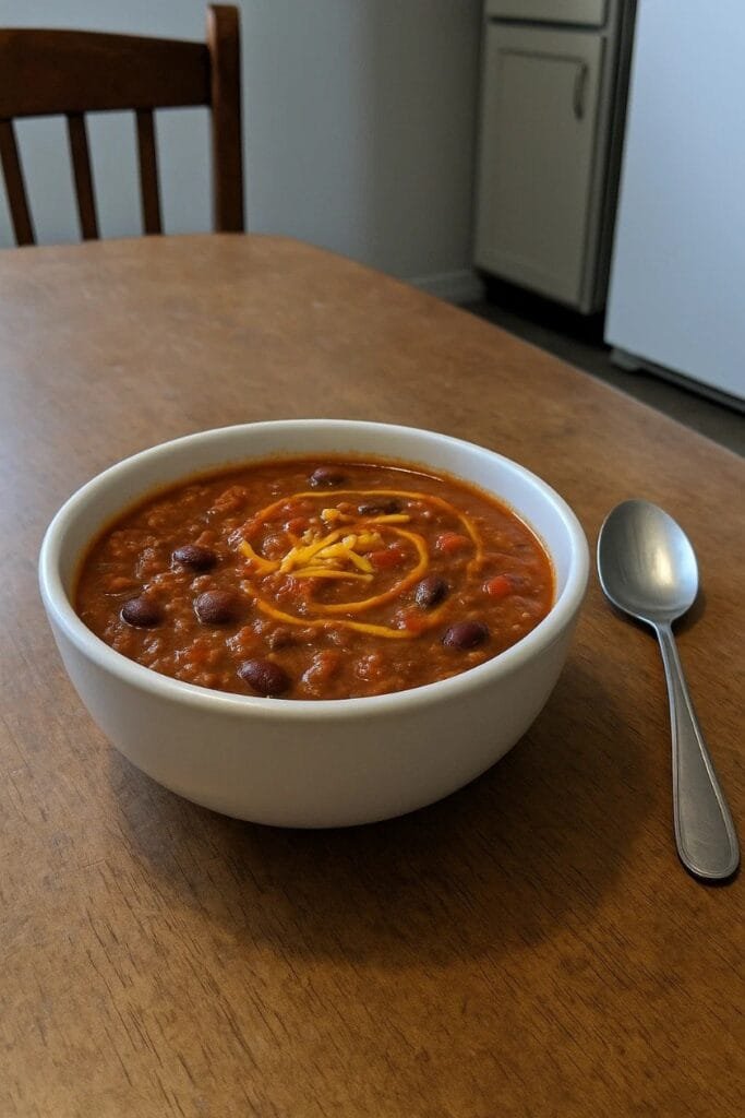 A bowl of chili with beans sits on a wooden table, garnished with herbs and accompanied by a spoon.